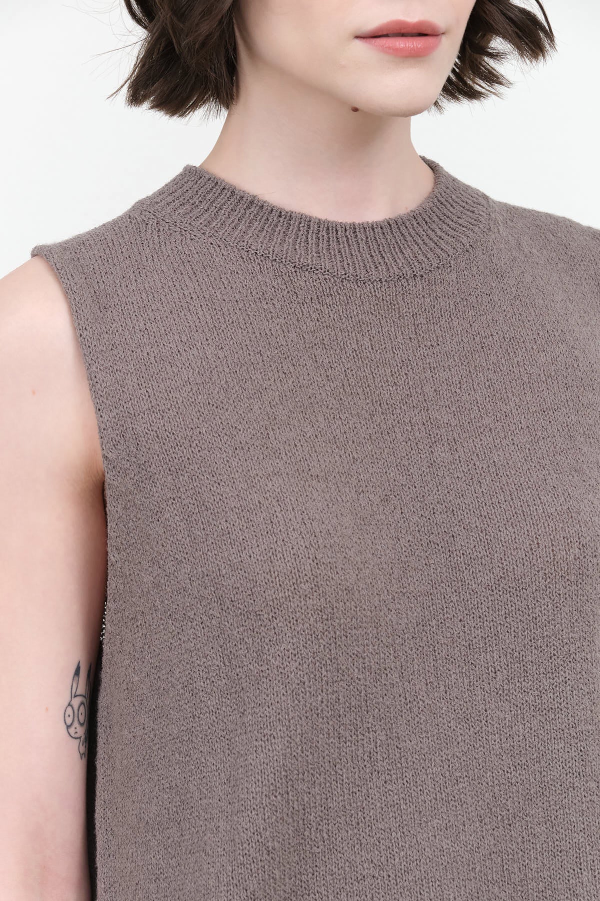 Collar view of Wool Lily Vest in Otter Gray