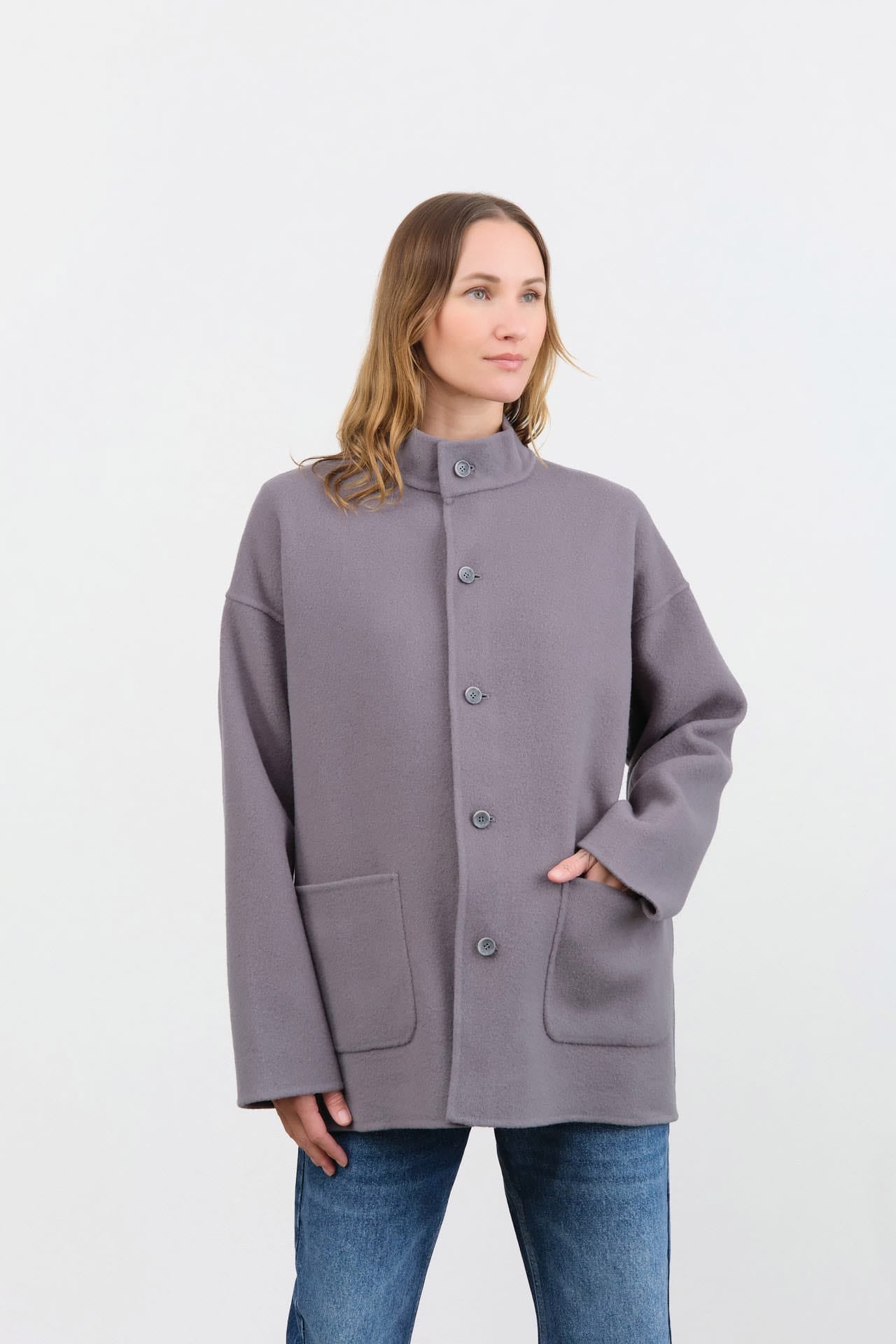 Evam Eva Apparel Womens Jackets Wool Stand Collar Jacket Blue Gray / One Size