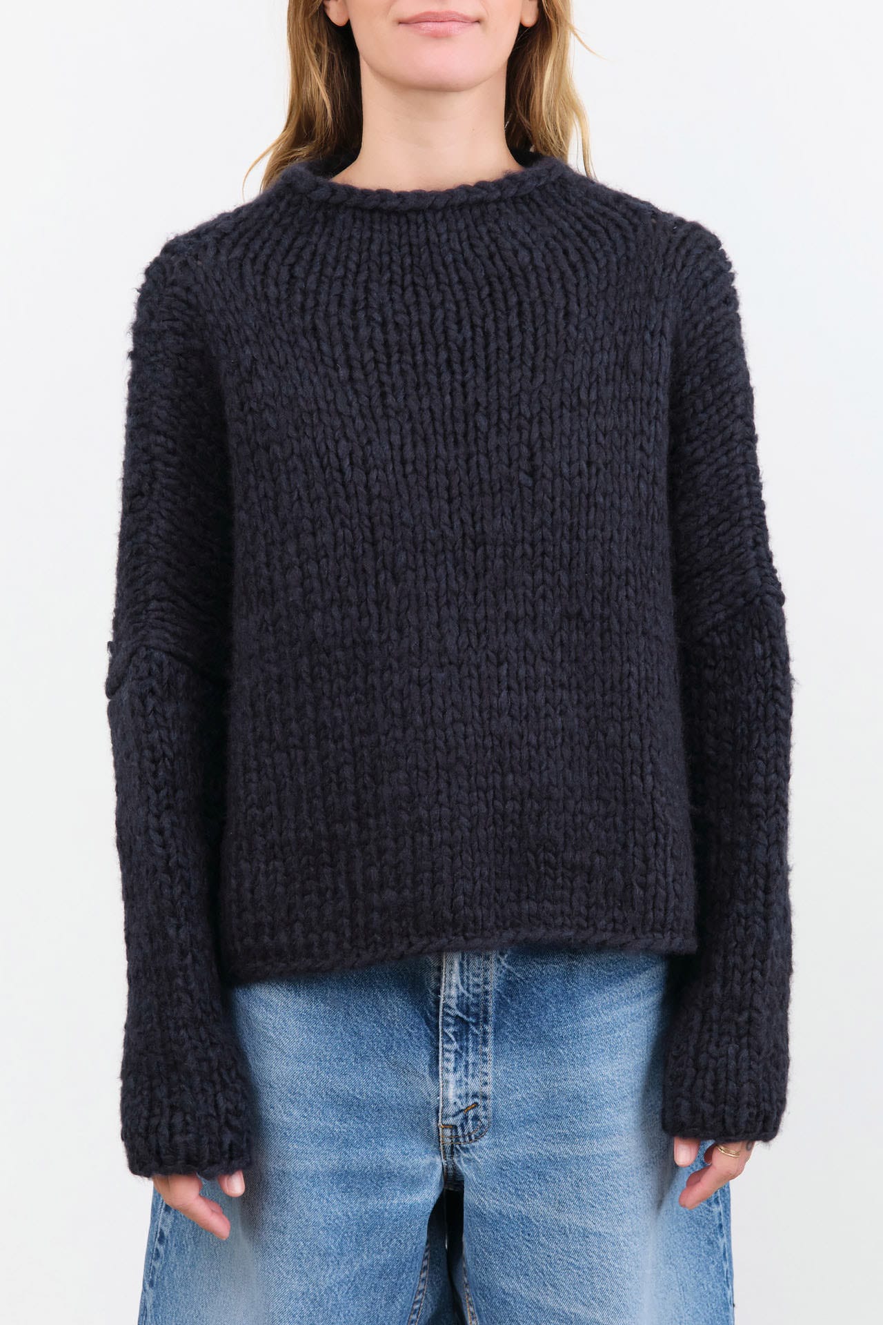 F Cashmere Apparel Womens Sweaters Fern Handknit Mockneck Sweater Midnight / Small