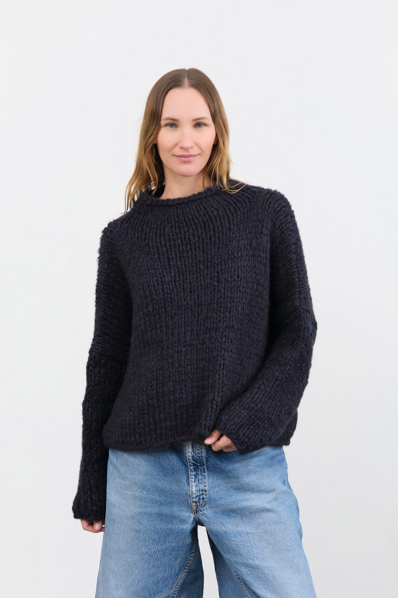 F Cashmere Apparel Womens Sweaters Fern Handknit Mockneck Sweater Midnight / Small