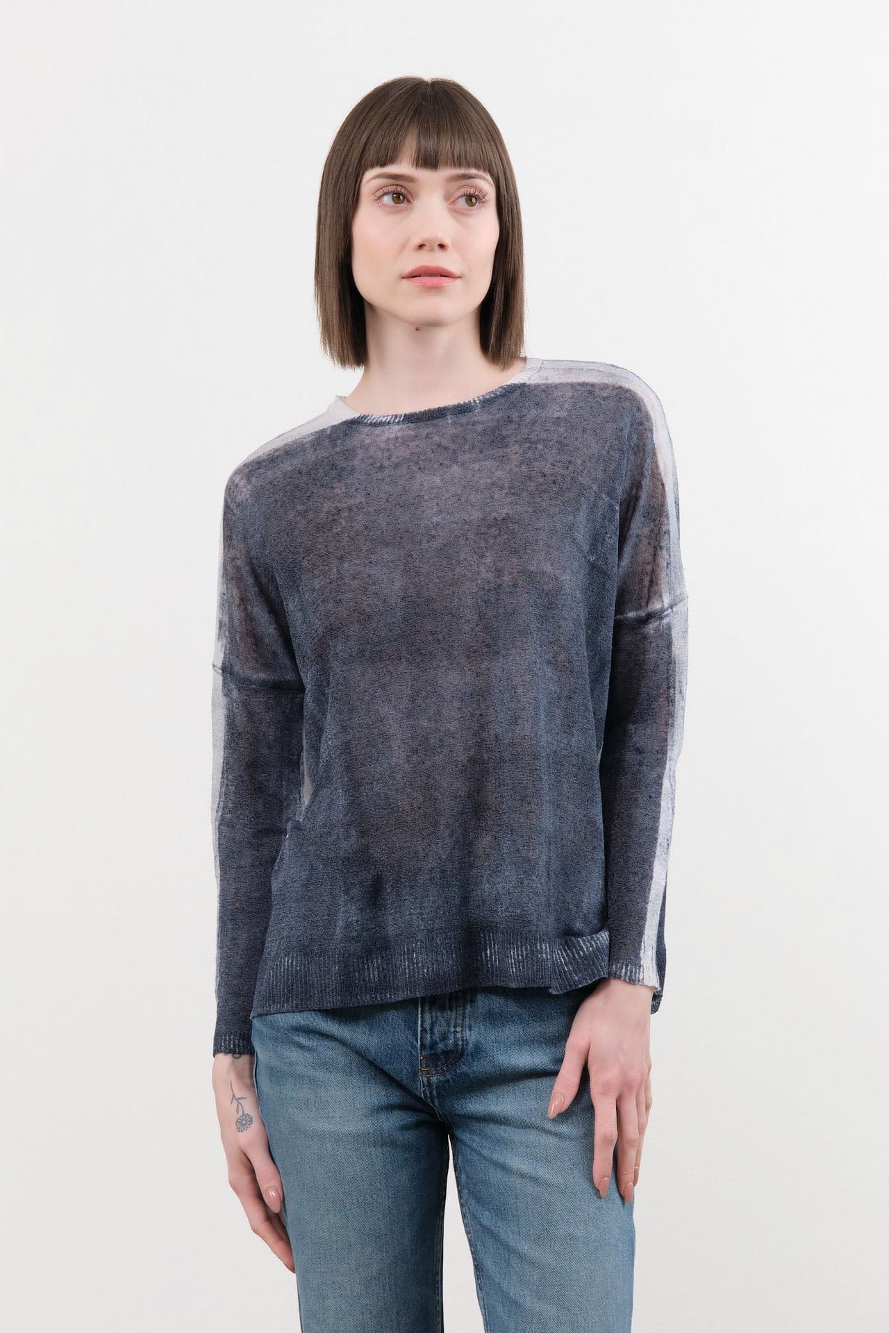 F Cashmere Apparel Womens Blouses Forbicine Long Sleeve Linen T-Shirt in Blue