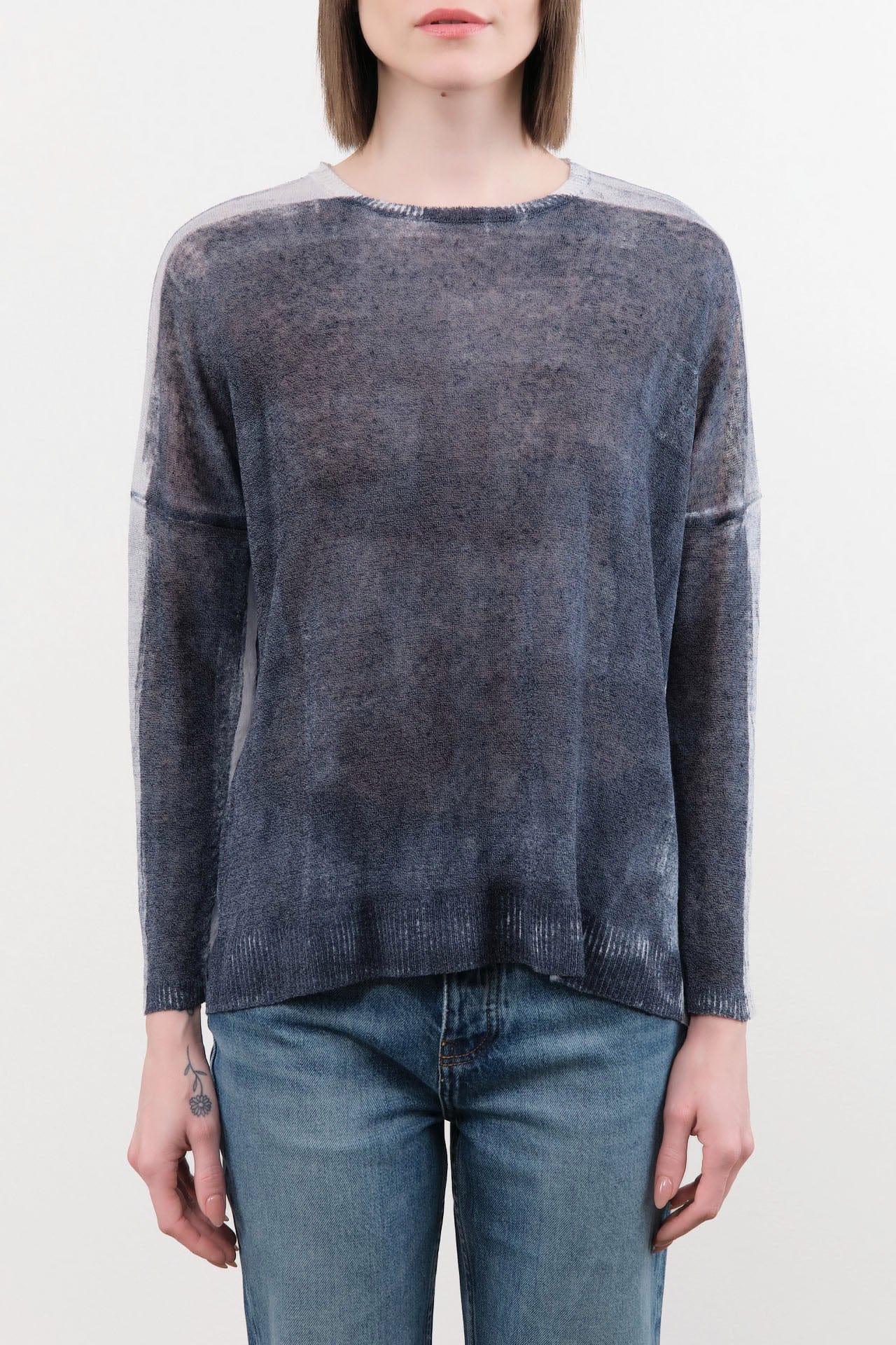 F Cashmere Apparel Womens Blouses Forbicine Long Sleeve Linen T-Shirt in Blue