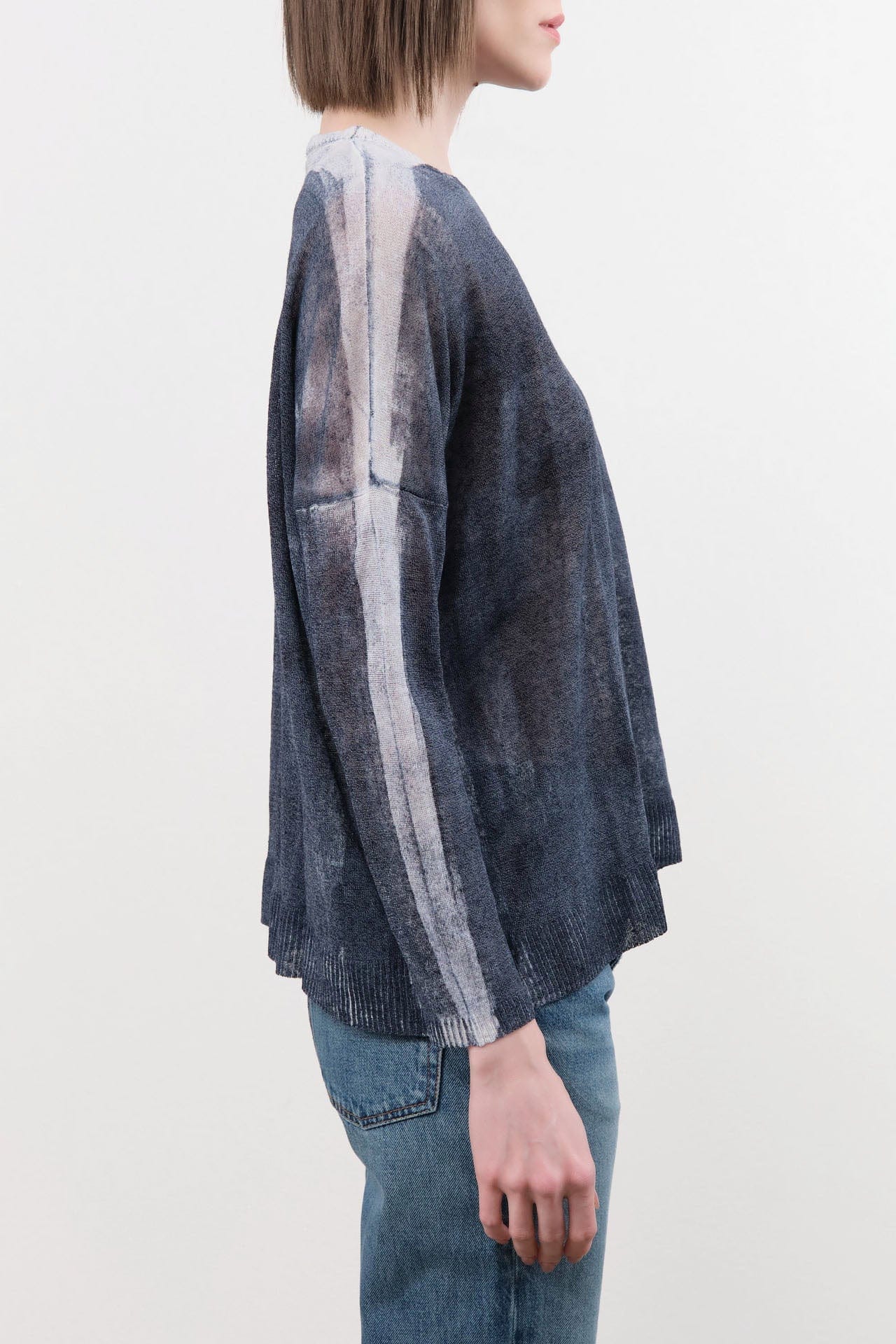 F Cashmere Apparel Womens Blouses Forbicine Long Sleeve Linen T-Shirt in Blue