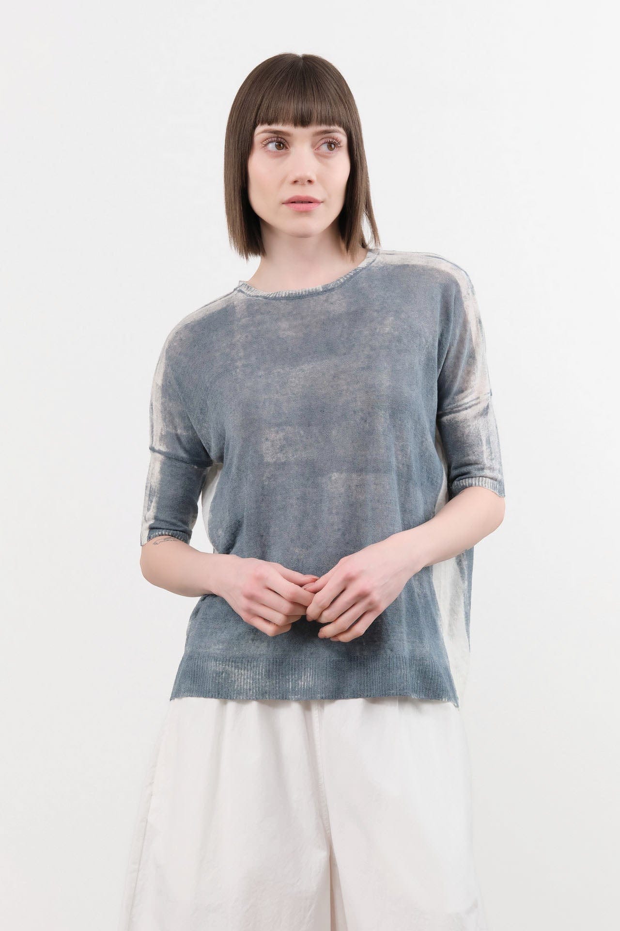 F Cashmere Apparel Womens Blouses Forbicine Linen T-Shirt in Blue