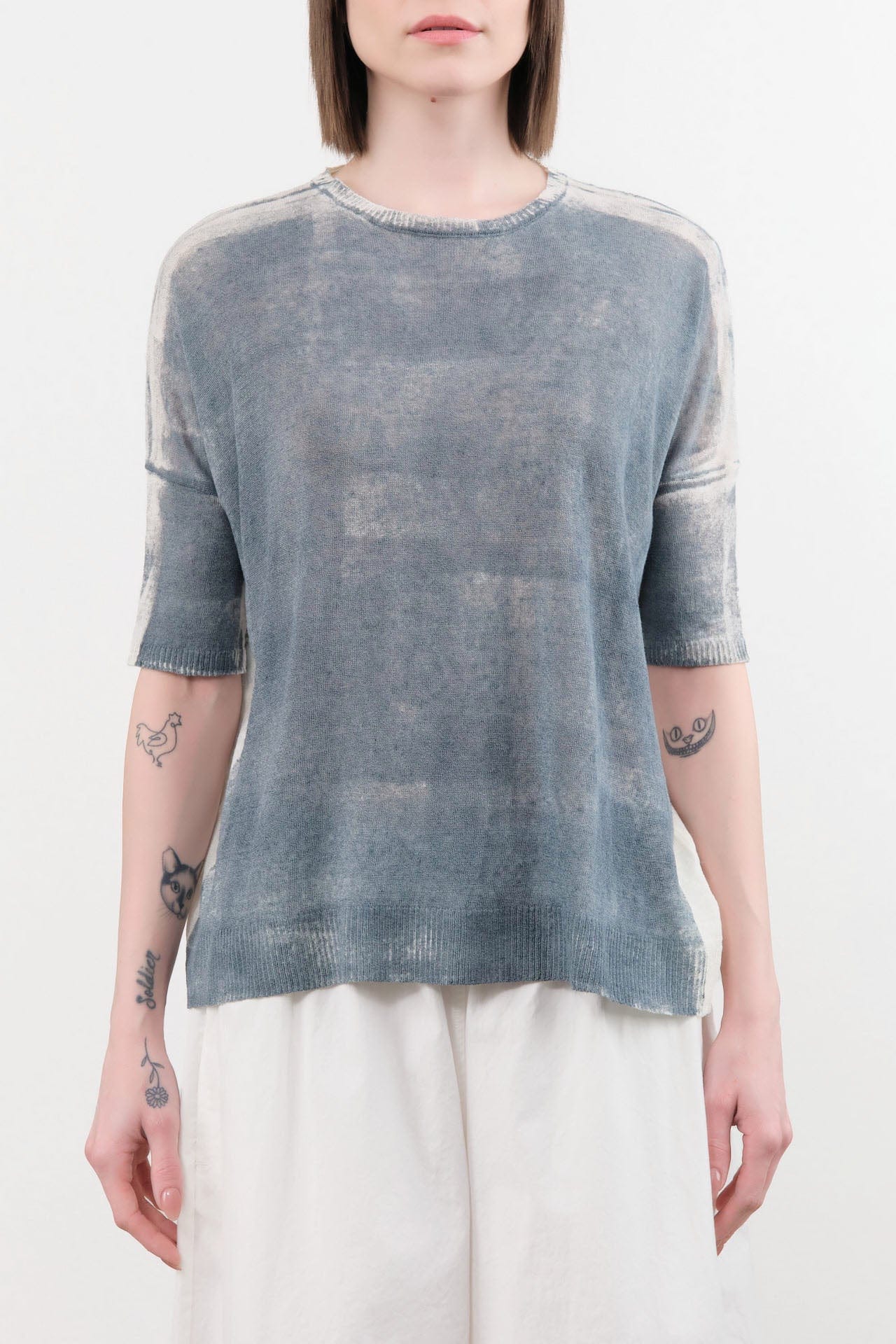 F Cashmere Apparel Womens Blouses Forbicine Linen T-Shirt in Blue