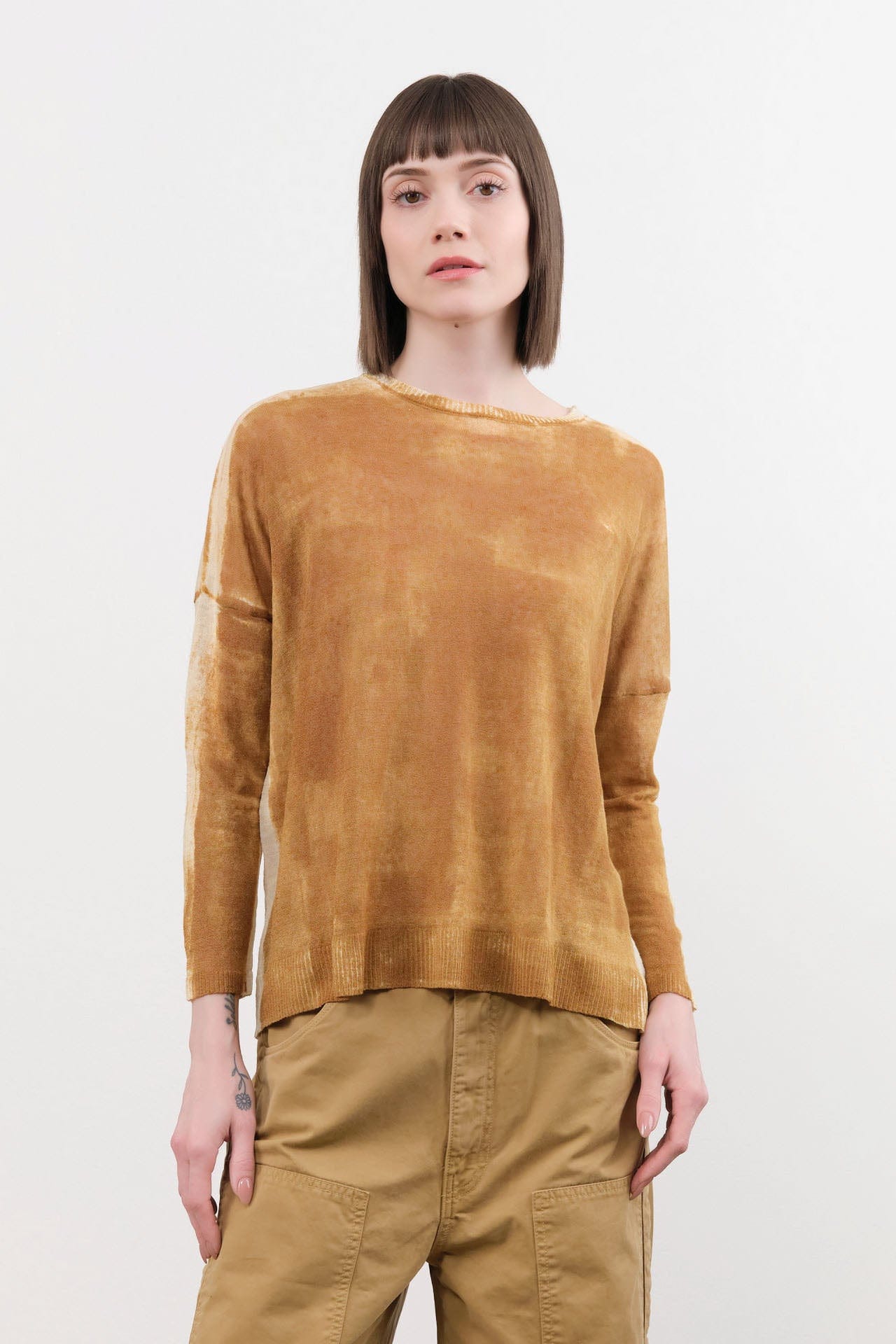 F Cashmere Apparel Womens Blouses Forbicine Long Sleeve Linen T-Shirt in Copper