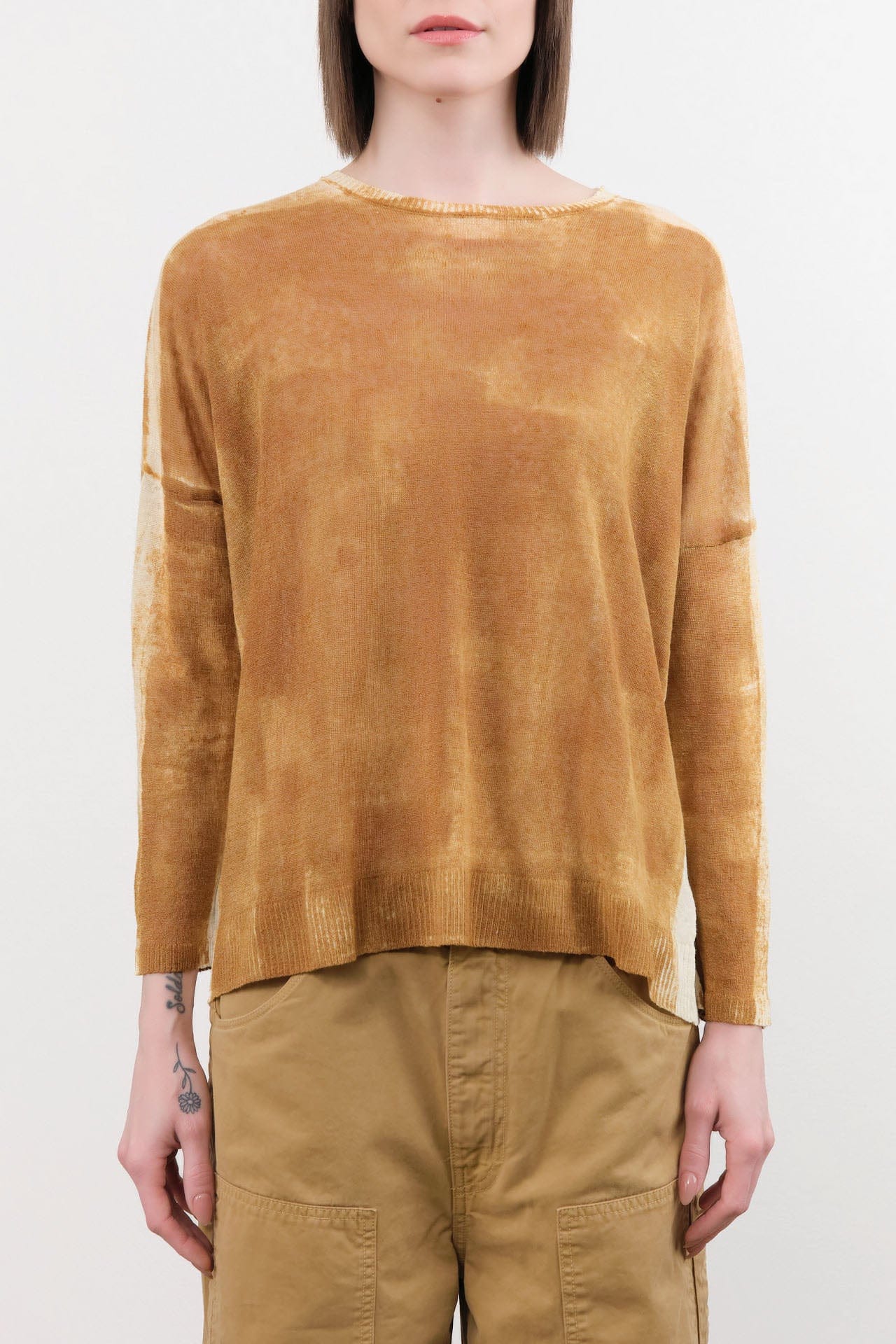 F Cashmere Apparel Womens Blouses Forbicine Long Sleeve Linen T-Shirt in Copper