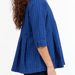 Designer Brand Fabiana Pigna Button Up Flowy Aparo Blouse in Indigo Blue Gingham