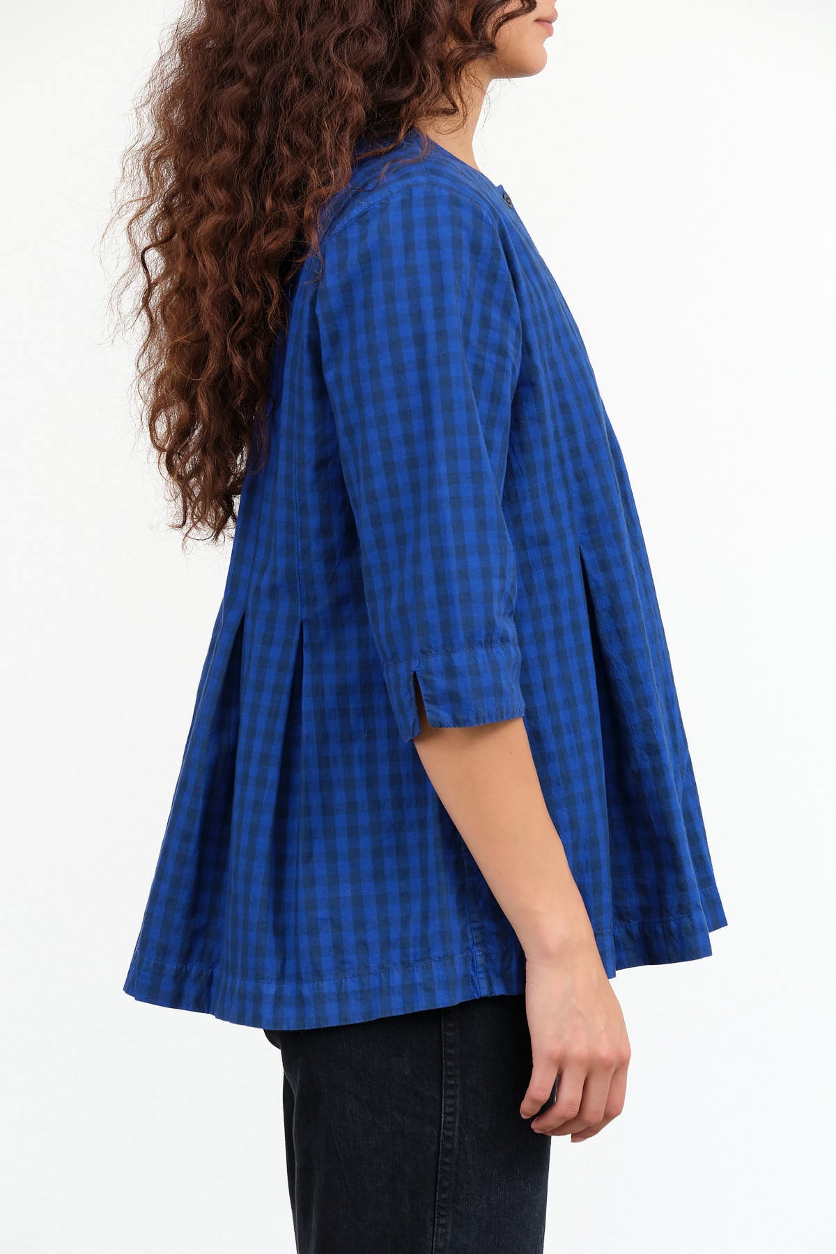 Designer Brand Fabiana Pigna Button Up Flowy Aparo Blouse in Indigo Blue Gingham