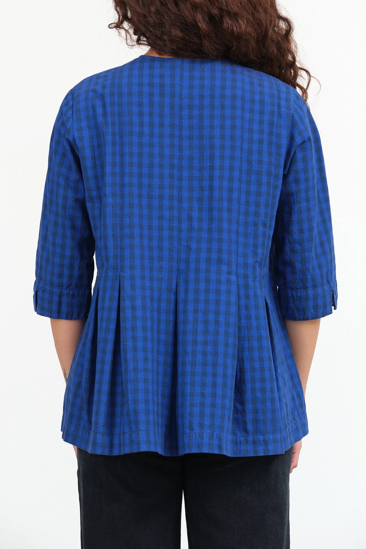 Indigo Blue Gingham Button Up Flowy Half Sleeve Aparo Blouse by Designer Brand Fabiana Pigna