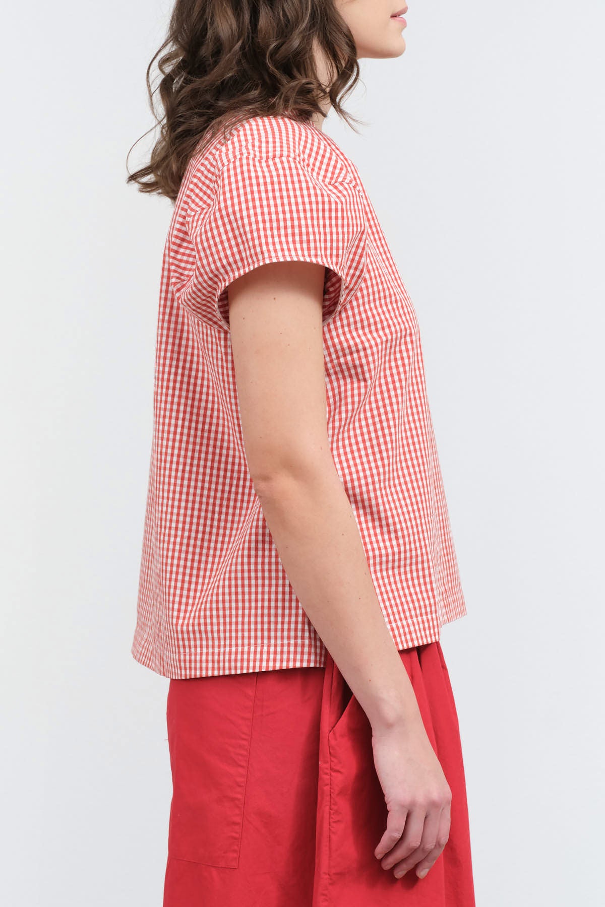 Side view of Calita Blouse in Red Gingham
