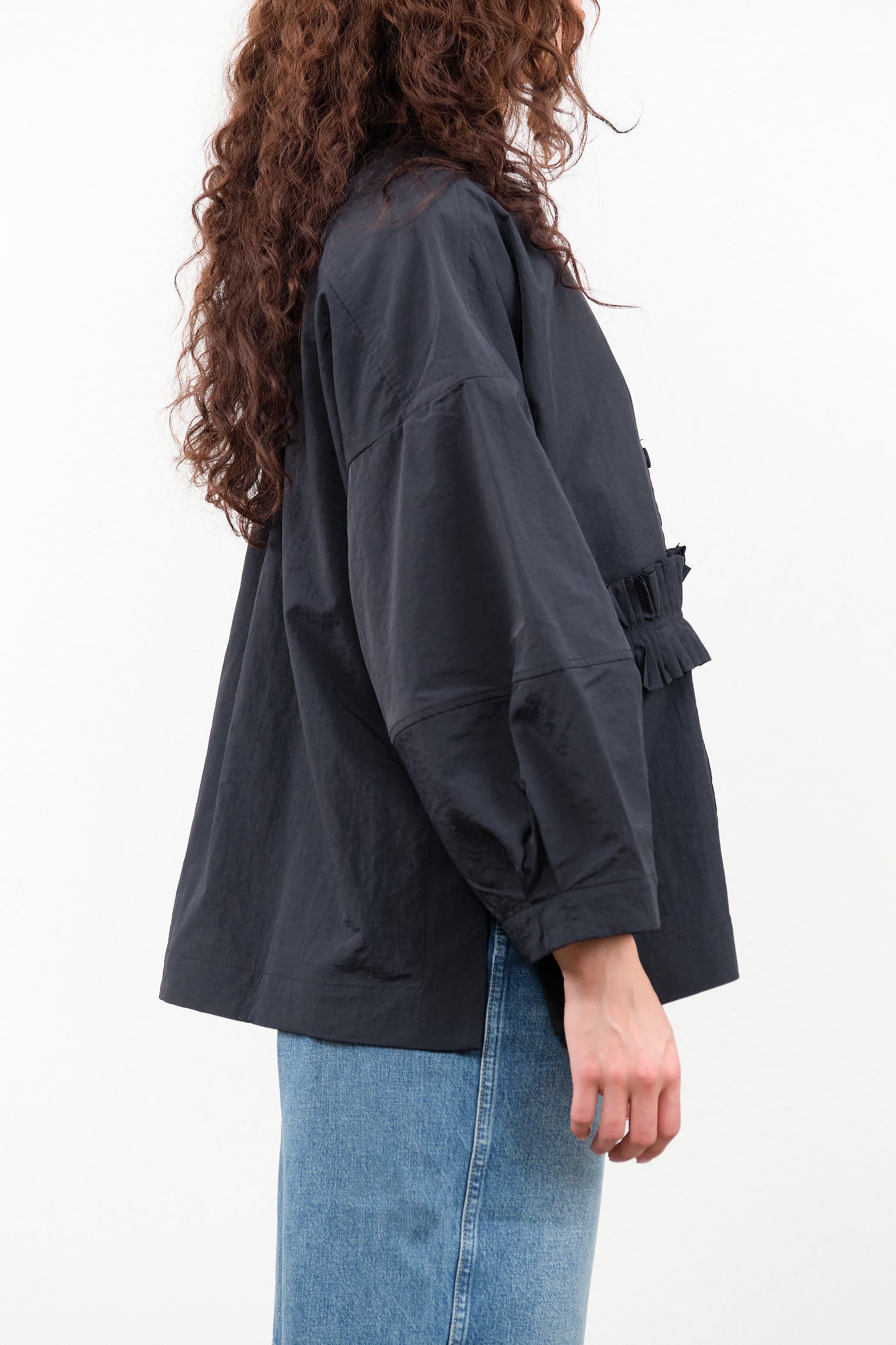 Fabiana Pigna Designer Brand Boxy Button Up Hisa Blouse with Ruffle Detail in Onyx Black