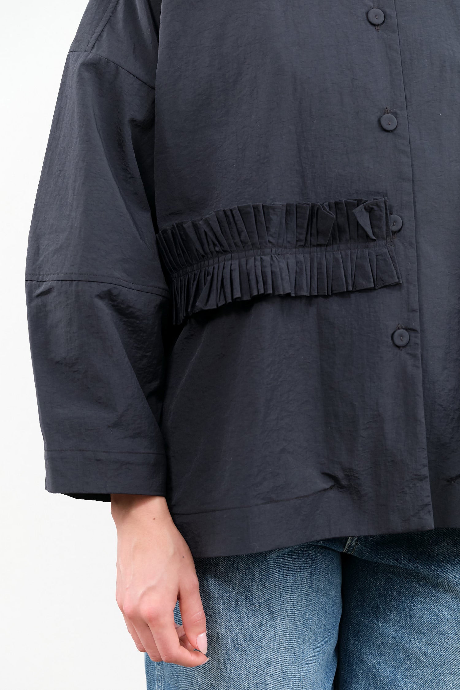 Boxy Button Up Hisa Blouse with Ruffle Detail in Onyx Black Fabiana Pigna Designer Brand 