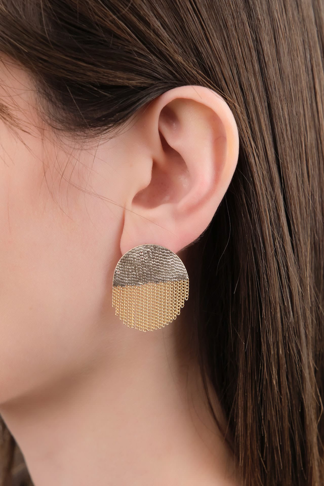 Hannah Keefe Jewelry Earrings Half Circle Stud Earrings in Brass Brass Chain and Silver Solder / Pair