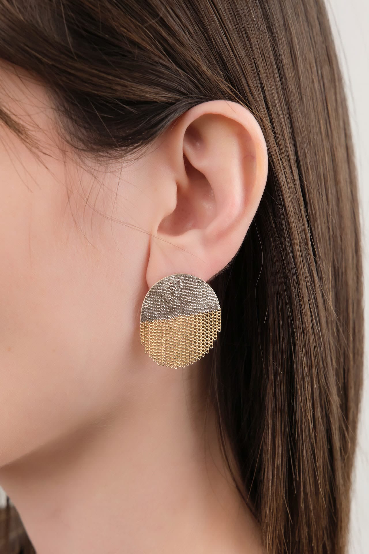 Hannah Keefe Jewelry Earrings Half Circle Stud Earrings in Brass Brass Chain and Silver Solder / Pair