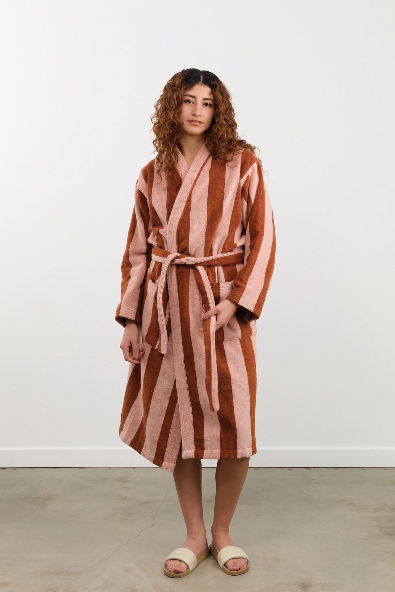 Hawkins New York Apparel Womens Lounge Simple Striped Terry Bathrobe in Blush/Terracotta Blush/Terracotta / Small