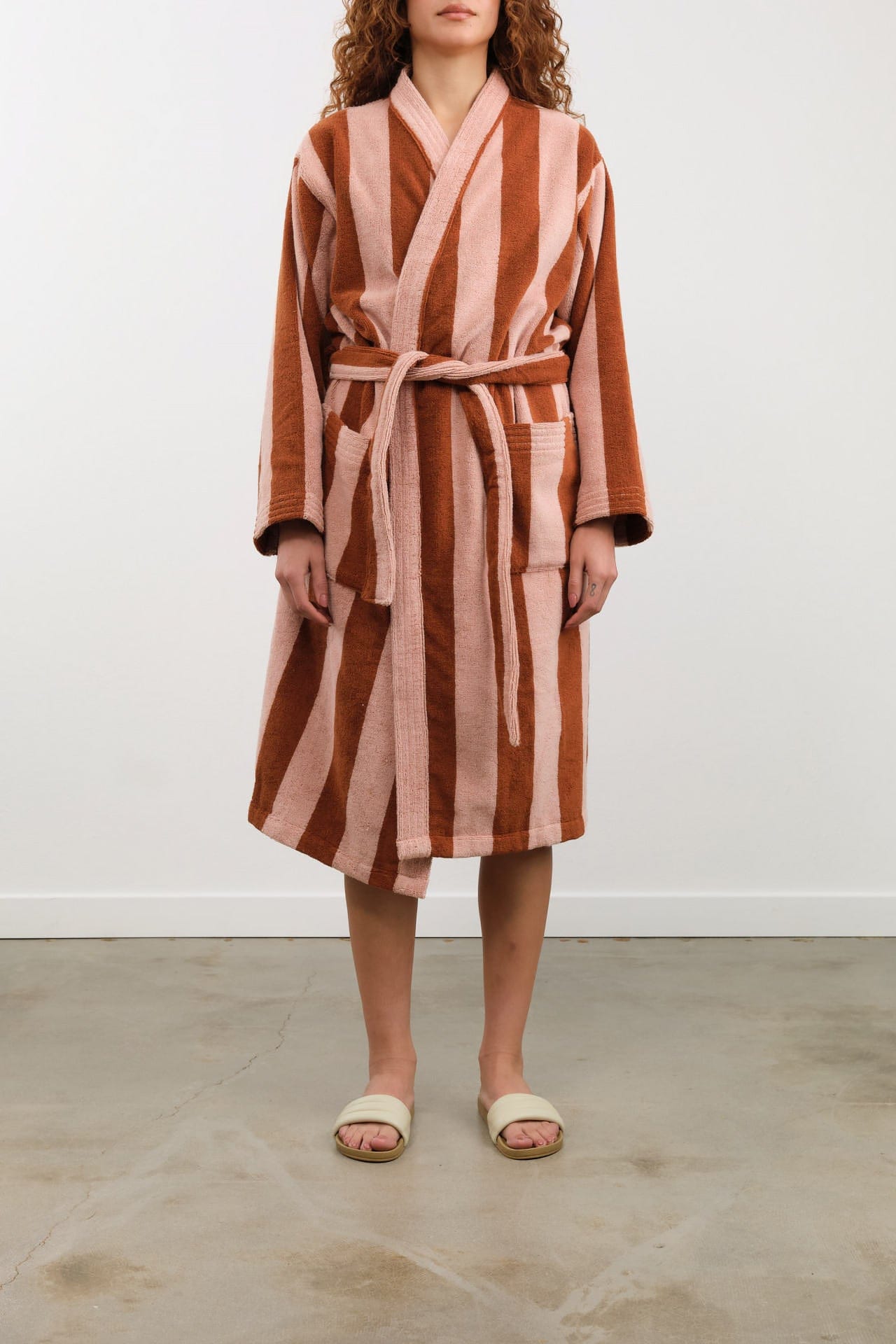 Hawkins New York Apparel Womens Lounge Simple Striped Terry Bathrobe in Blush/Terracotta