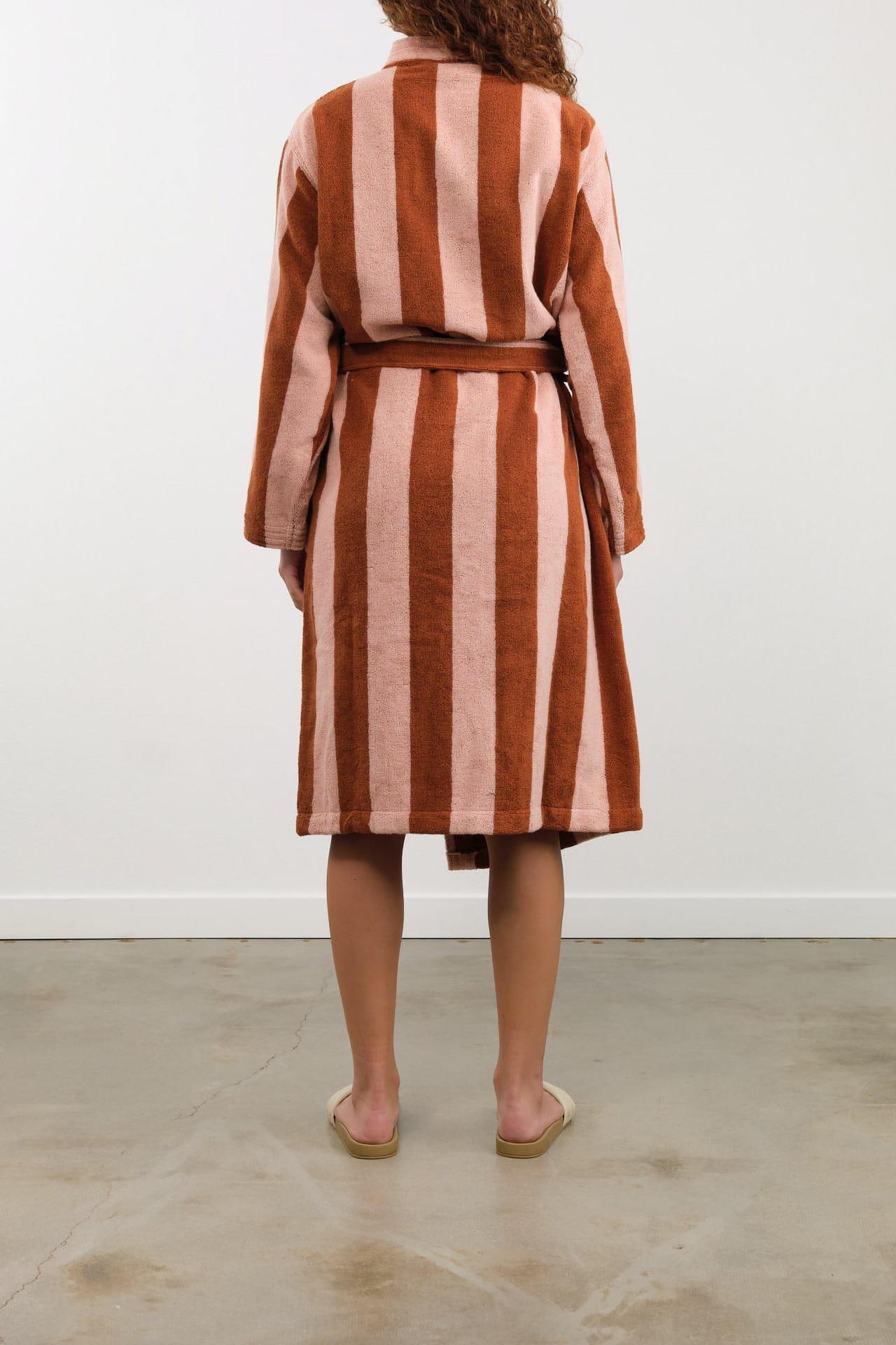 Hawkins New York Apparel Womens Lounge Simple Striped Terry Bathrobe in Blush/Terracotta