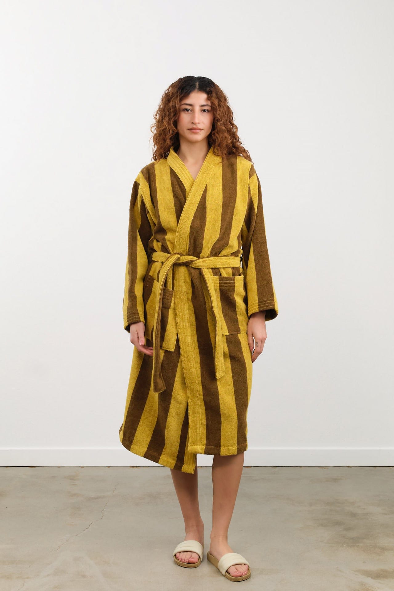 Hawkins New York Apparel Womens Lounge Simple Striped Terry Bathrobe in Mustard/Bronze Mustard/Bronze / Small