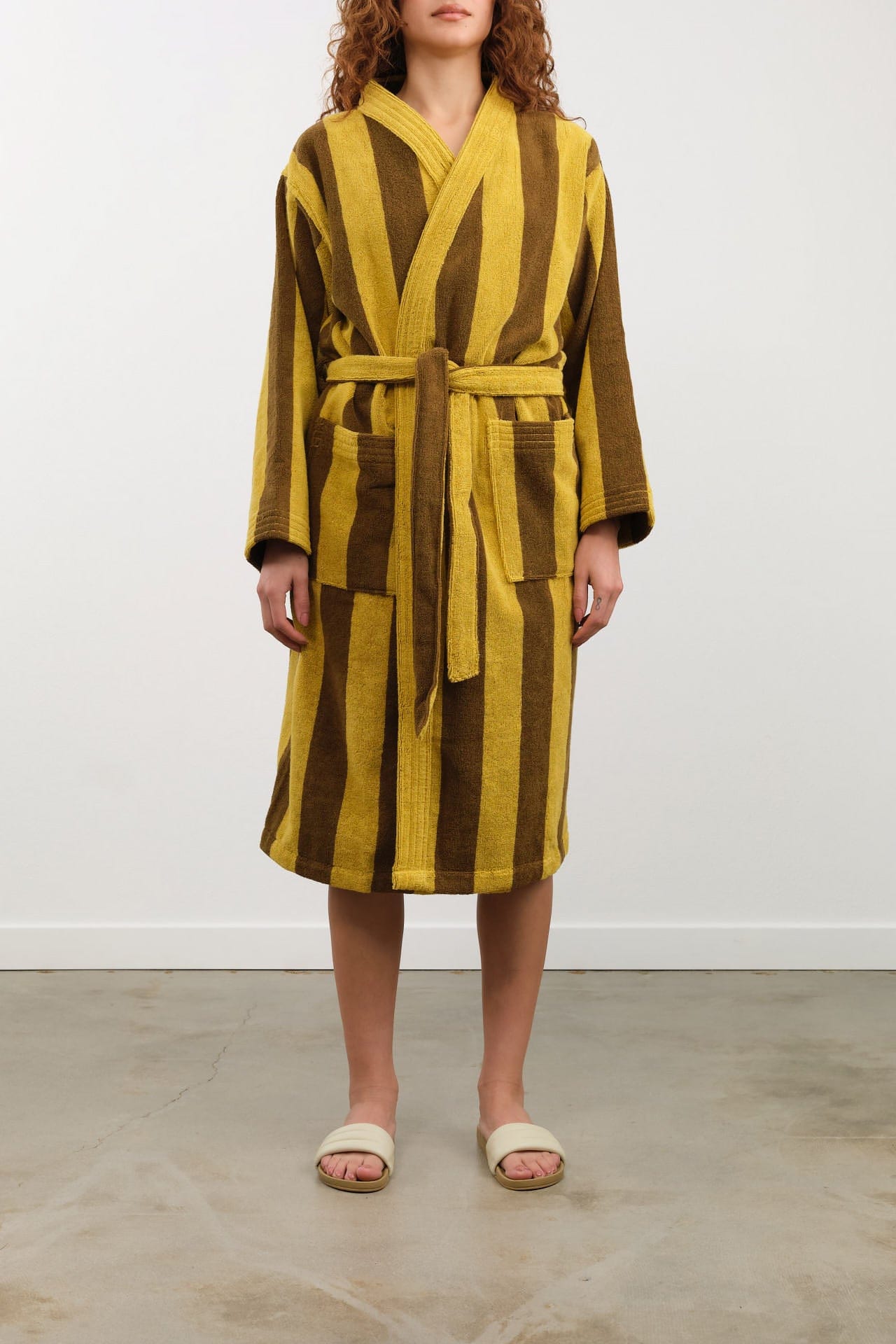 Hawkins New York Apparel Womens Lounge Simple Striped Terry Bathrobe in Mustard/Bronze
