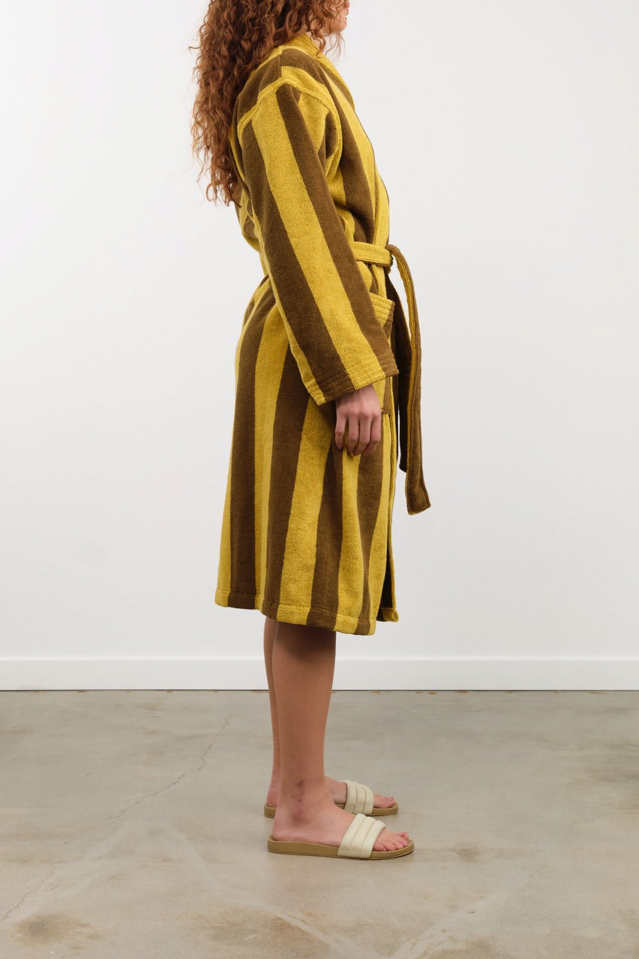 Hawkins New York Apparel Womens Lounge Simple Striped Terry Bathrobe in Mustard/Bronze