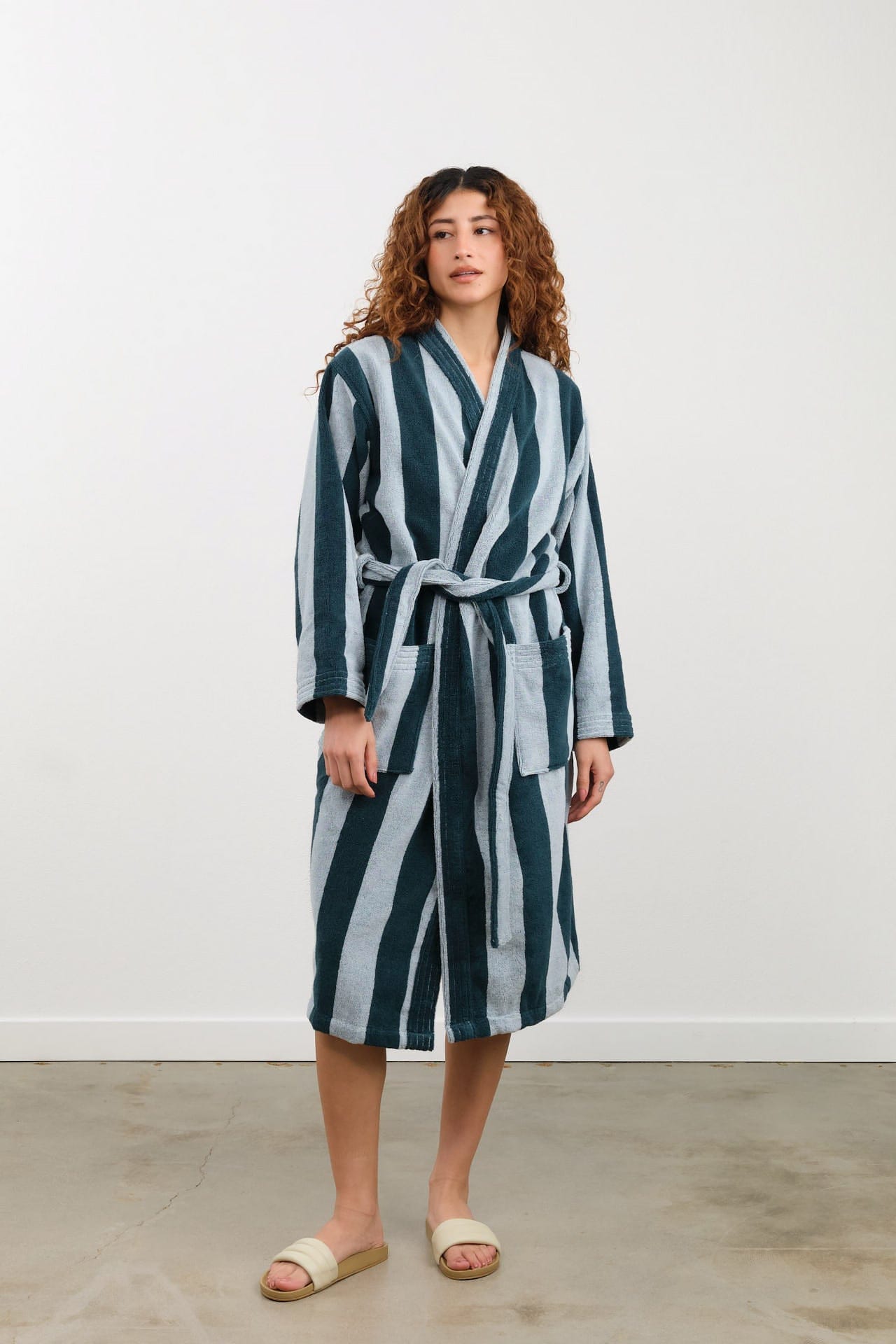 Hawkins New York Apparel Womens Lounge Simple Striped Terry Bathrobe in Sky/Peacock Sky/Peacock / Small