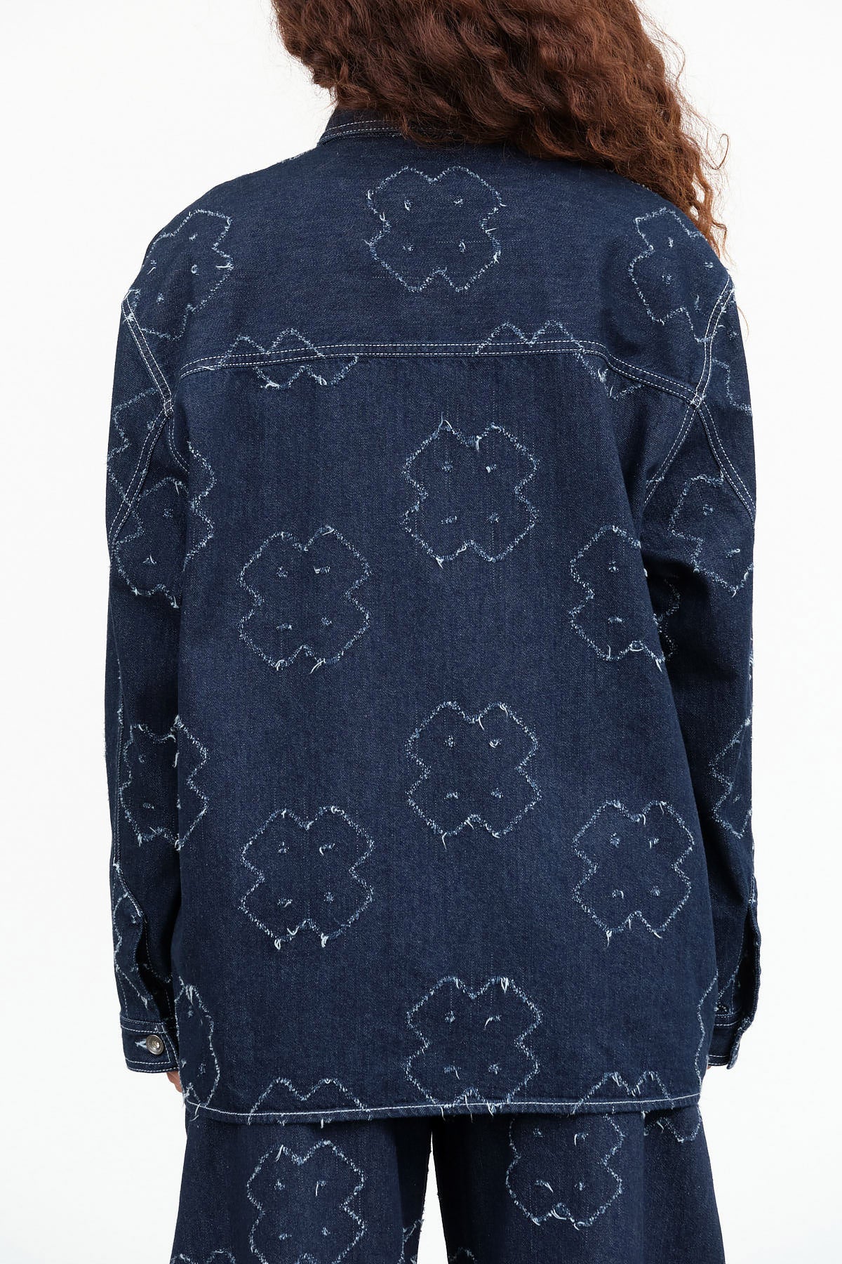 Long Sleeve Dow Denim Button Up Shirt by Designer Brand Henrik Vibskov in Dark Needle Punch Stitch Pattern in Blue 