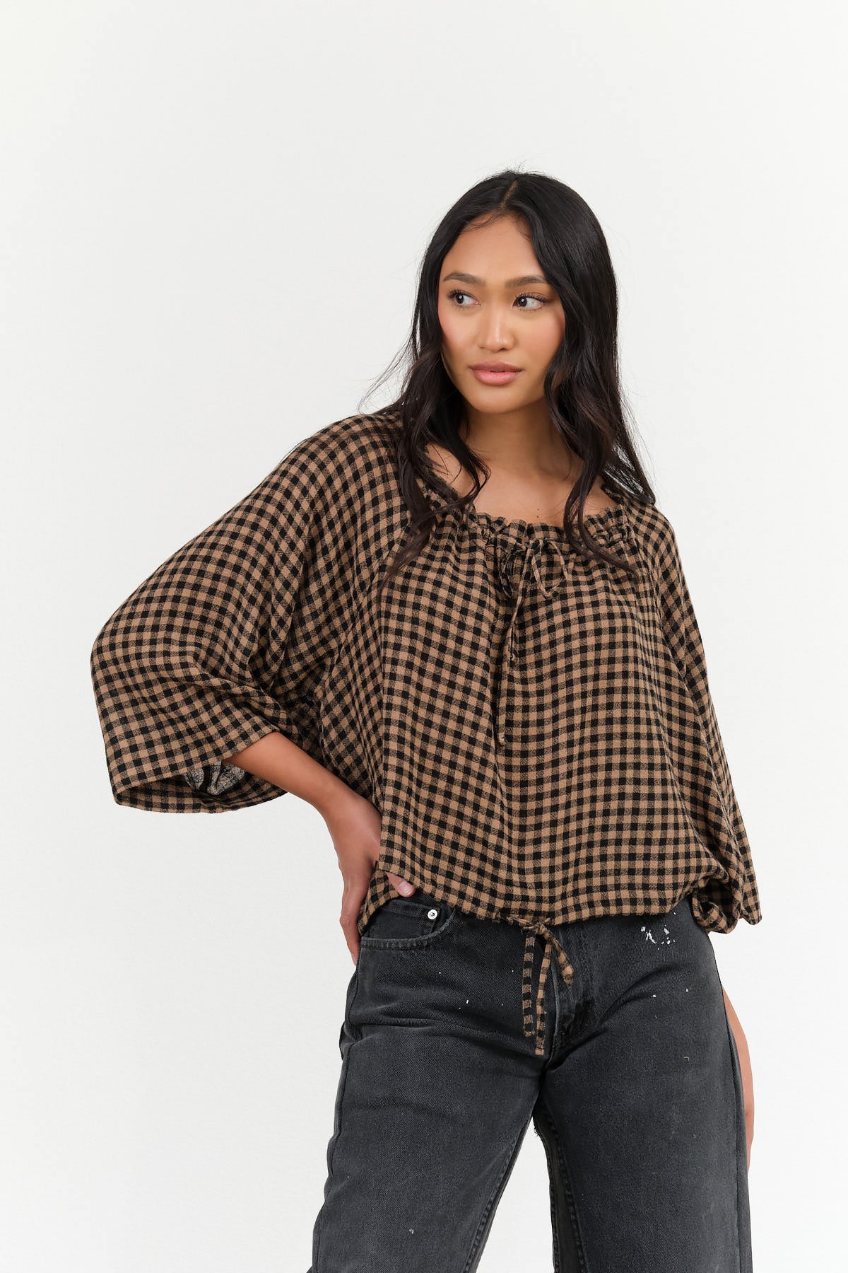 Henrik Vibskov Frill Blouse in Beige and Black Checks 