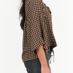 Henrik Vibskov Designer Brand Three Quarter Sleeve Frill Blouse with Waist Tie in Beige and Black Checks Picnic Print