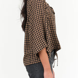 Henrik Vibskov Designer Brand Three Quarter Sleeve Frill Blouse with Waist Tie in Beige and Black Checks Picnic Print