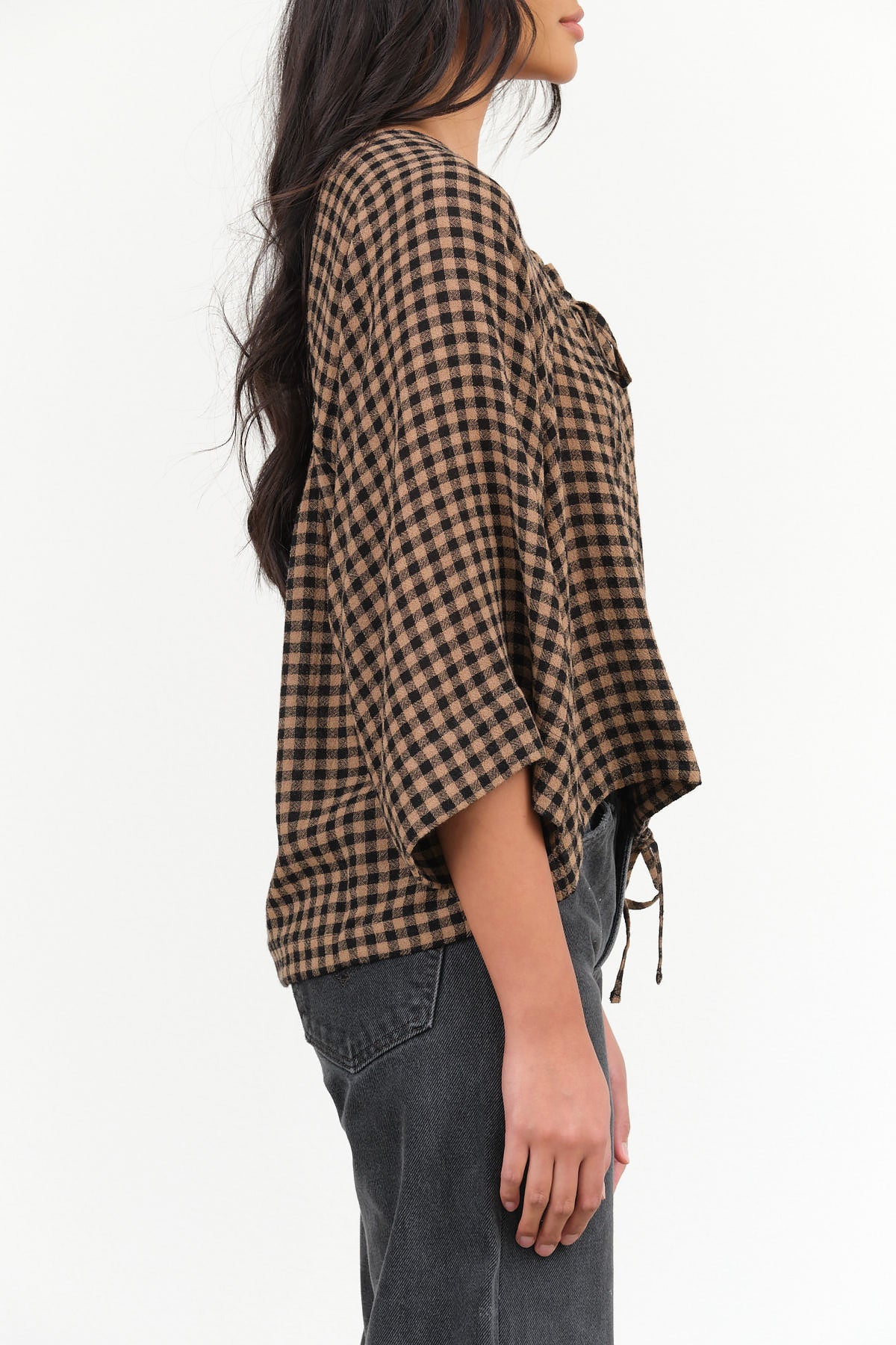 Henrik Vibskov Designer Brand Three Quarter Sleeve Frill Blouse with Waist Tie in Beige and Black Checks Picnic Print