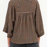 Beige and Black Checks Picnic Print Three Quarter Sleeve Frill Blouse with Waist Tie by Henrik Vibskov Designer Brand 