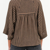 Beige and Black Checks Picnic Print Three Quarter Sleeve Frill Blouse with Waist Tie by Henrik Vibskov Designer Brand 