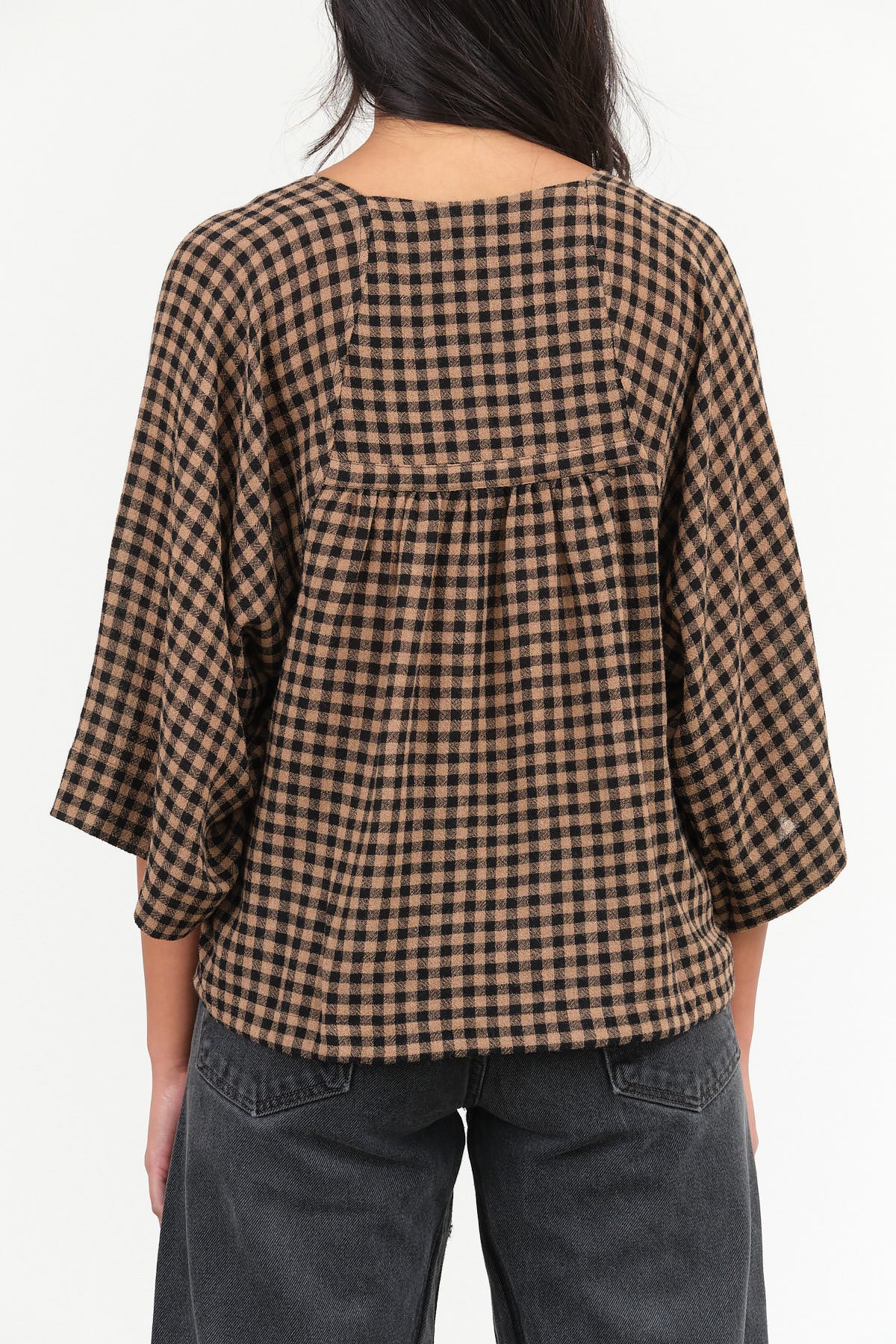 Beige and Black Checks Picnic Print Three Quarter Sleeve Frill Blouse with Waist Tie by Henrik Vibskov Designer Brand 