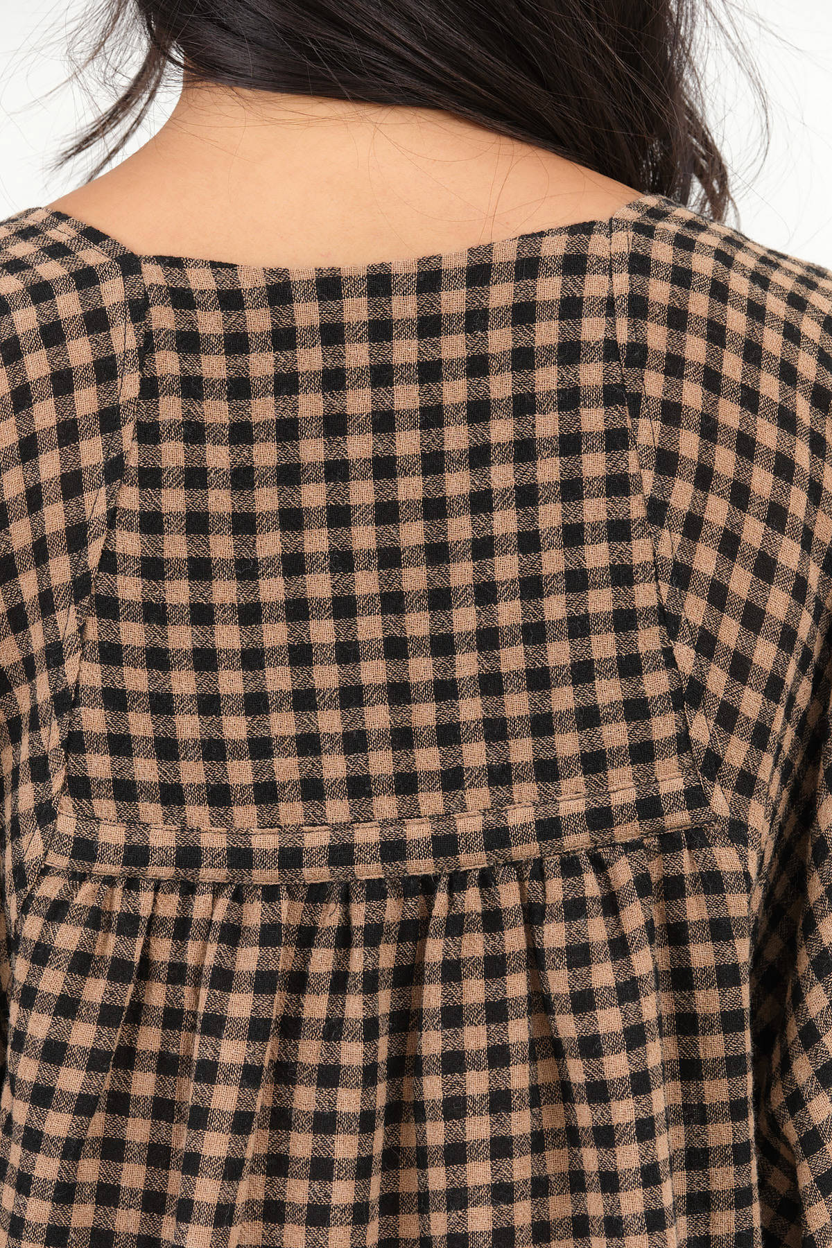 Henrik Vibskov Designer Brand Beige and Black Checks Picnic Print Three Quarter Sleeve Frill Blouse with Waist Tie 