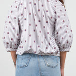 Designer Henrik Vibskov Gambit Blouse with Tie Waist and 3/4 Balloon Sleeve and Button Closure in Grey and White Stripes