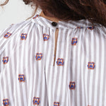 Designer Henrik Vibskov Gambit Blouse with Tie Waist and 3/4 Balloon Sleeve and Button Closure in Grey and White Stripes