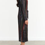 Henrik Vibskov Slinky Pleated Long Sleeve Midi Knight Plisse Dress in Dark Tetris Drips Print