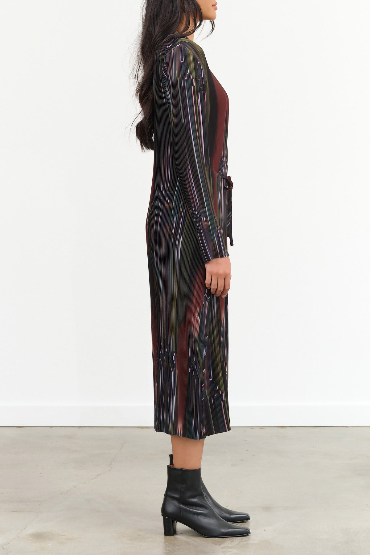 Henrik Vibskov Slinky Pleated Long Sleeve Midi Knight Plisse Dress in Dark Tetris Drips Print