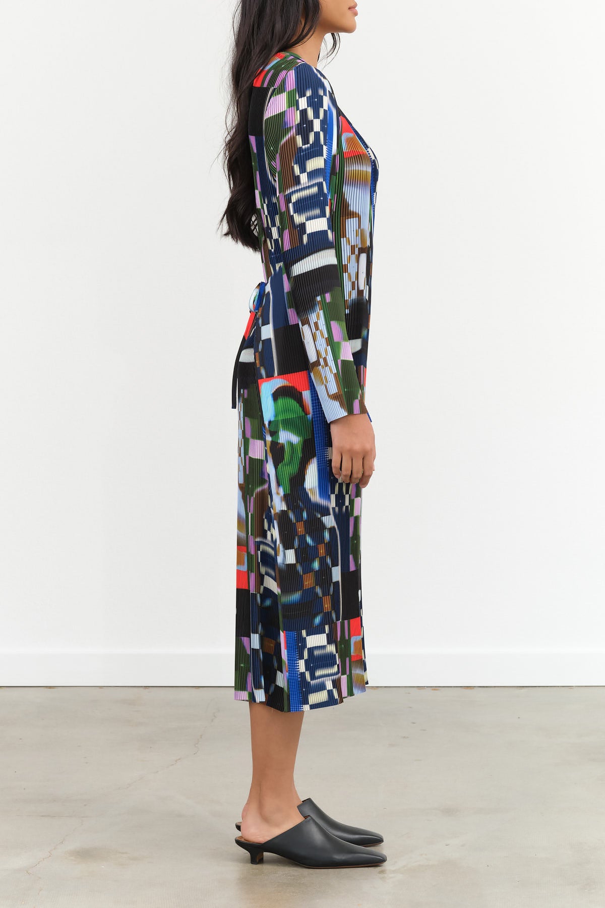 Henrik Vibskov Slinky Pleated Long Sleeve Midi Knight Plisse Dress in Kaleidoscope Tetris Print