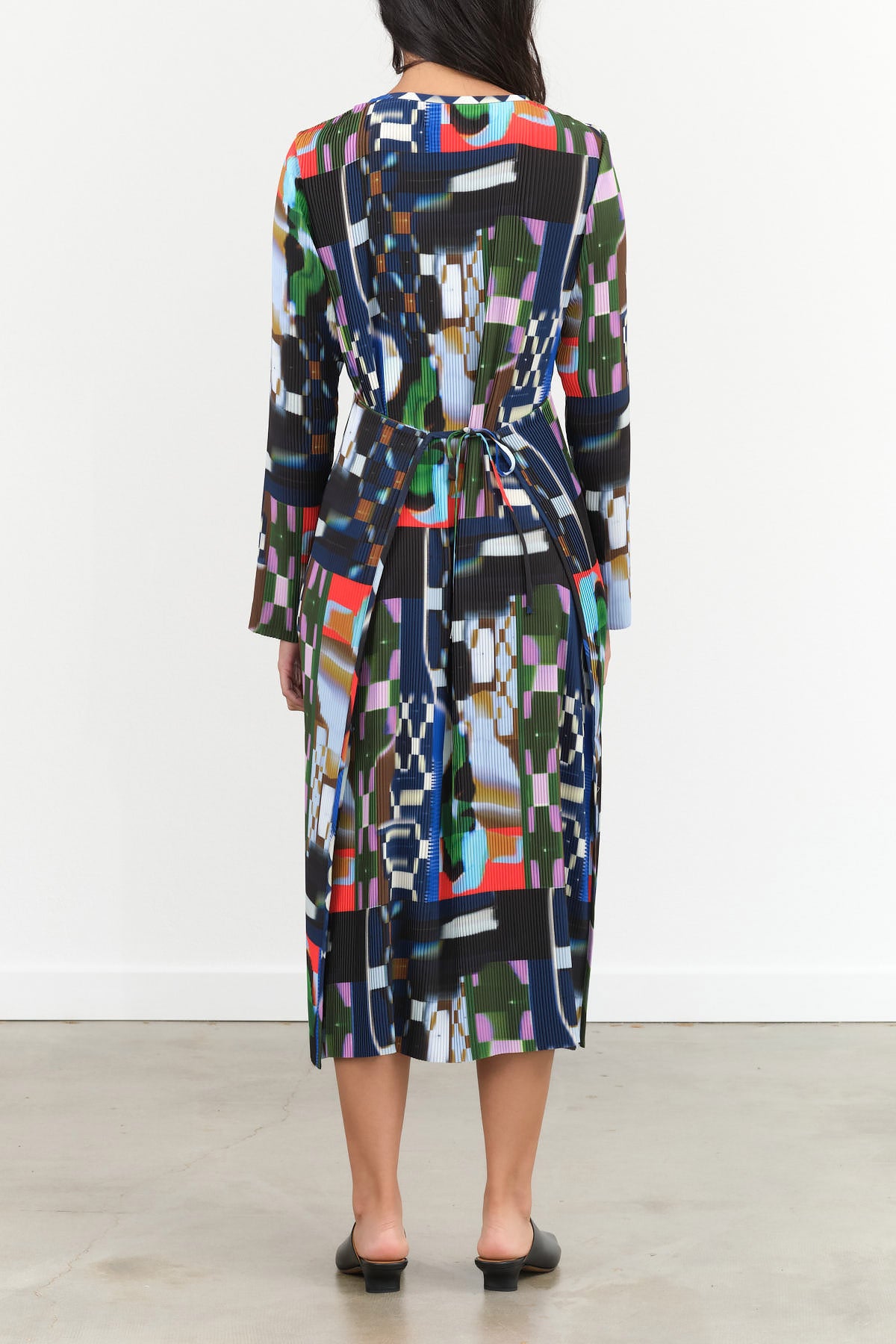 Kaleidoscope Tetris Print Slinky Pleated Long Sleeve Midi Knight Plisse Dress with Waist Tie by Henrik Vibskov Designer Brand