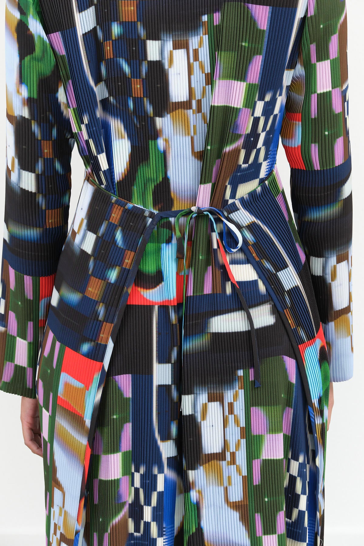 Slinky Pleated Long Sleeve Midi Knight Plisse Dress with Waist Tie in Kaleidoscope Tetris Print by Henrik Vibskov Designer Brand