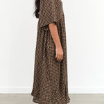 Henrik Vibskov Designer Brand Short Sleeve Pump Maxi Dress in Brown Beige and Black Checks Picnic Print