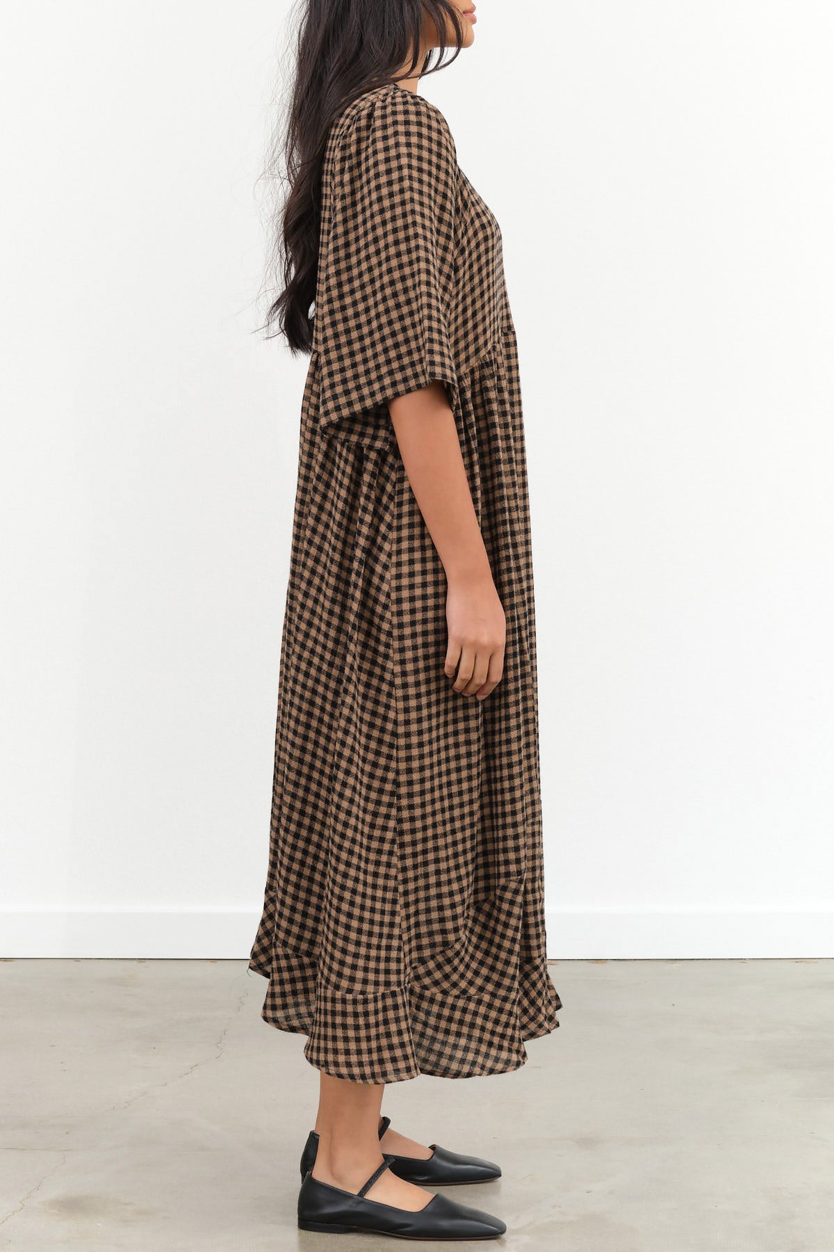 Henrik Vibskov Designer Brand Short Sleeve Pump Maxi Dress in Brown Beige and Black Checks Picnic Print