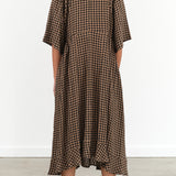 Brown Beige and Black Checks Picnic Print Short Sleeve Pump Maxi Dress by Henrik Vibskov Designer Brand