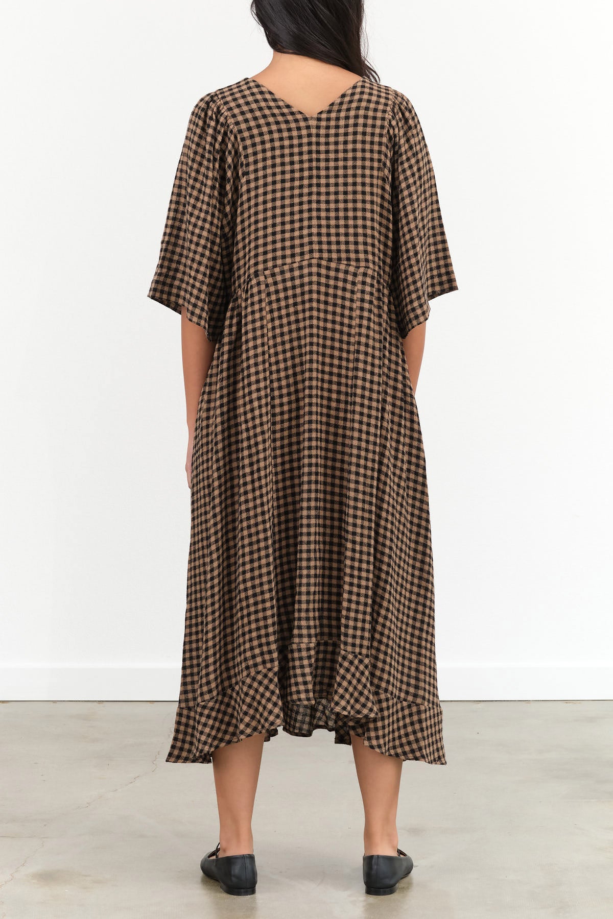 Brown Beige and Black Checks Picnic Print Short Sleeve Pump Maxi Dress by Henrik Vibskov Designer Brand