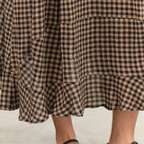 Henrik Vibskov Designer Brand Brown Beige and Black Checks Picnic Print Short Sleeve Pump Maxi Dress with Frill on Bottom