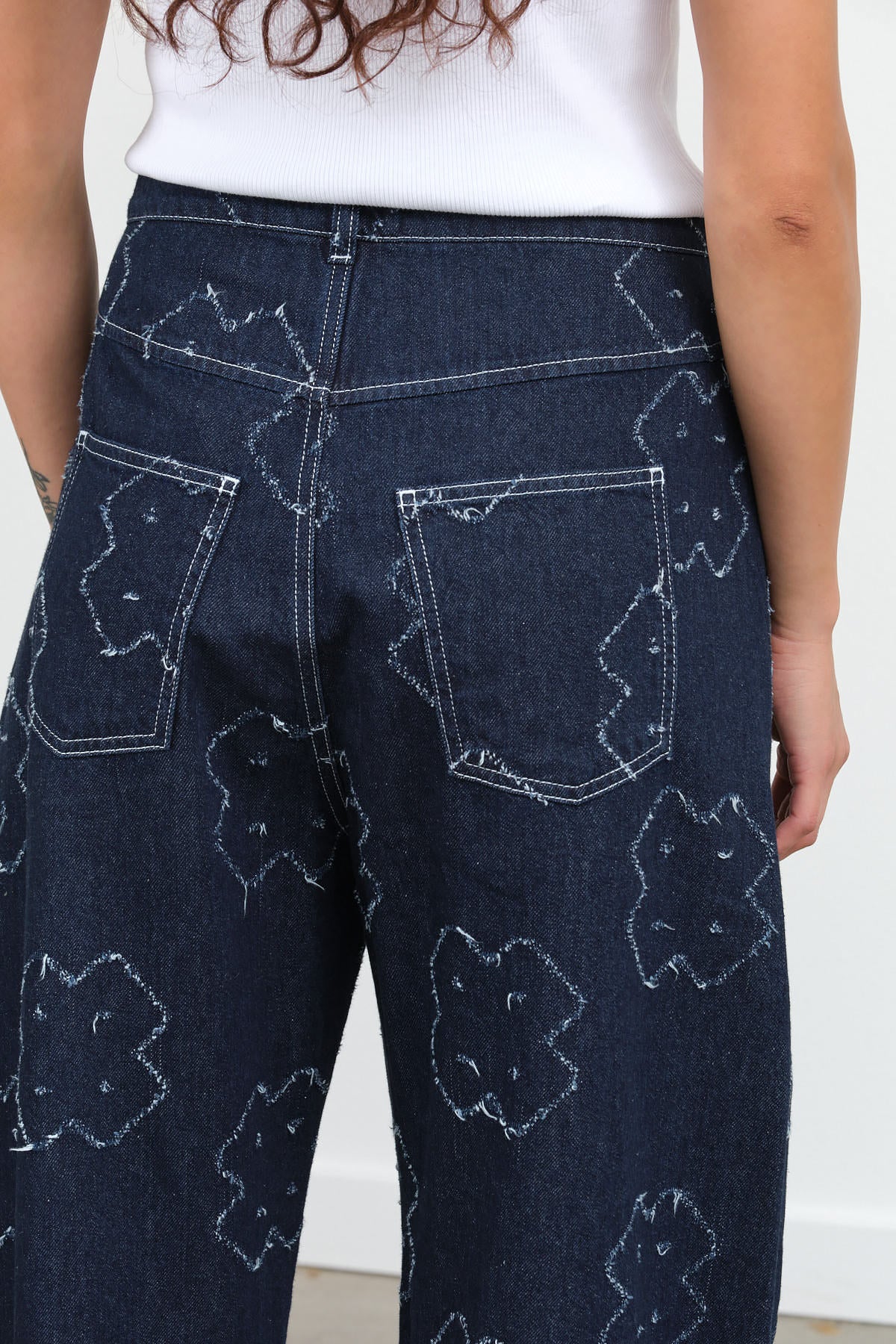 Shade High Waisted Barrel Leg Denim Pants in Dark Needle Punch Blue by Henrik Vibskov Designer Brand