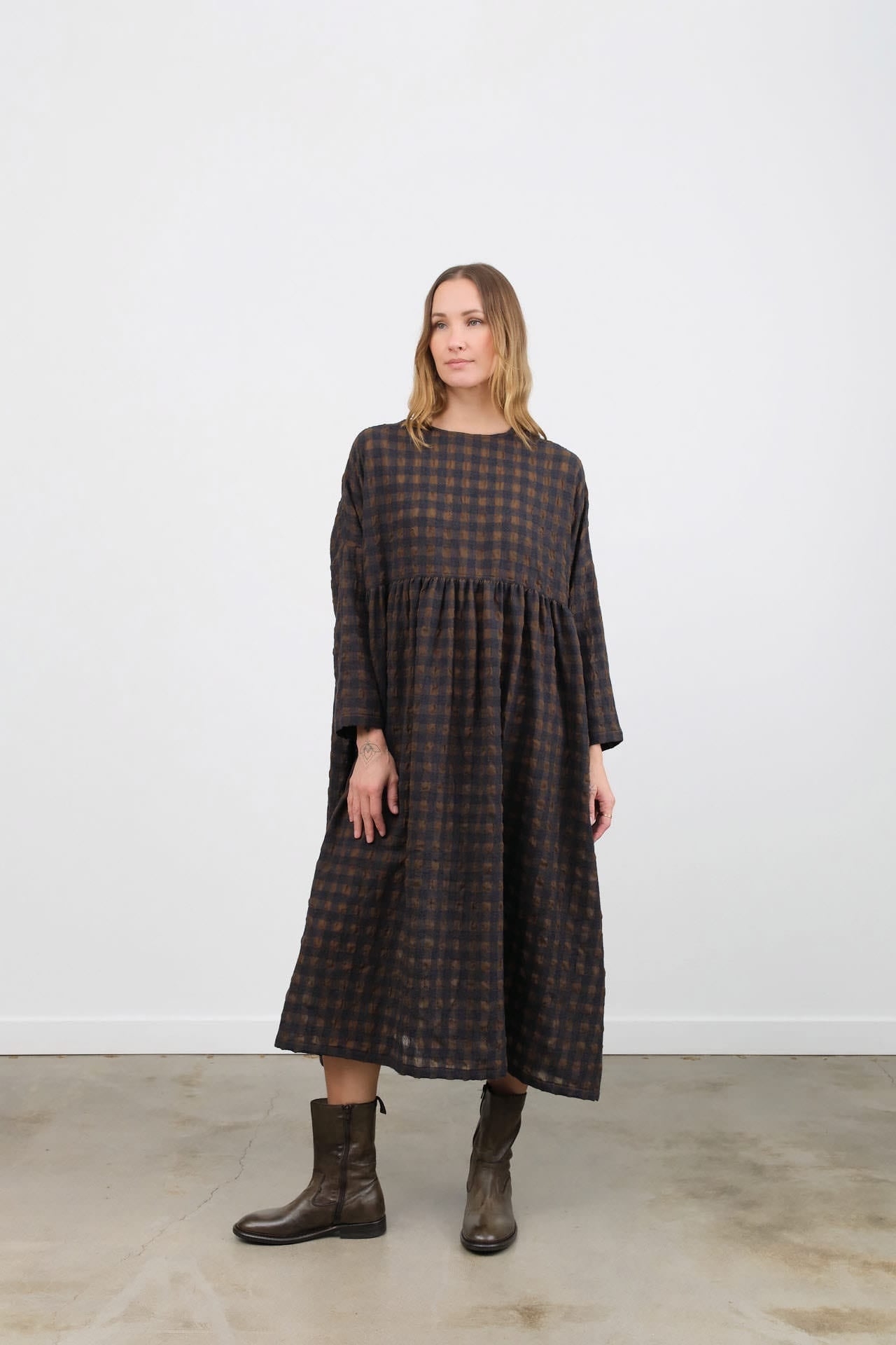 Ichi Antiquites Apparel Womens Dresses Gingham Check Dress Khaki x Charcoal / One Size