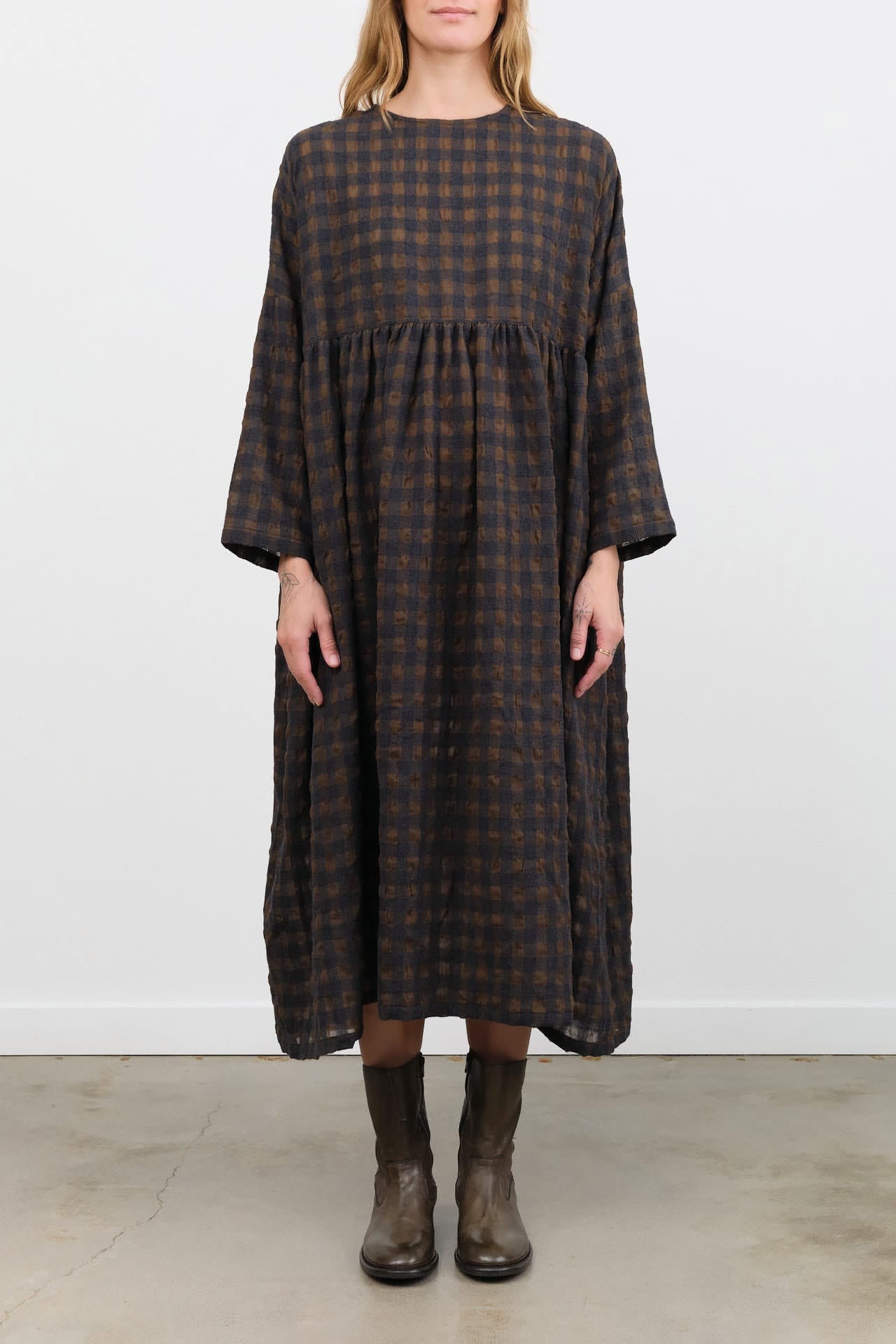 Ichi Antiquites Apparel Womens Dresses Gingham Check Dress Khaki x Charcoal / One Size